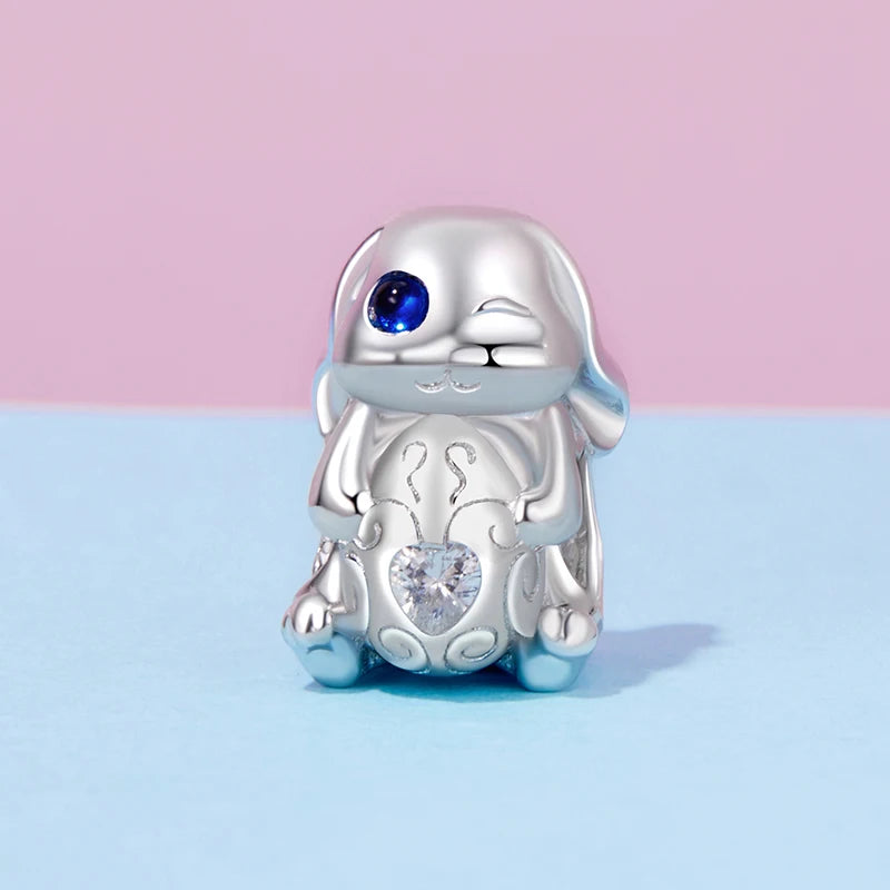 WOSTU 925 Silver Easter Rabbit with Egg Charm Heart Rabbits Pendant Moonstone Safety Chain Fit Bracelet Girl Daughter DIY Gifts