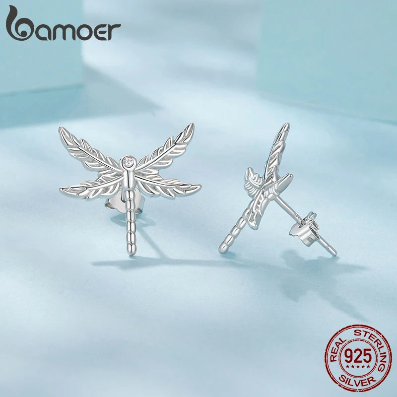 BAMOER 925 Sterling Silver Dragonfly Stud Earrings Retro Inset Cross Feather Wings CZ Earrings For Women Girl Cute Daily Jewelry