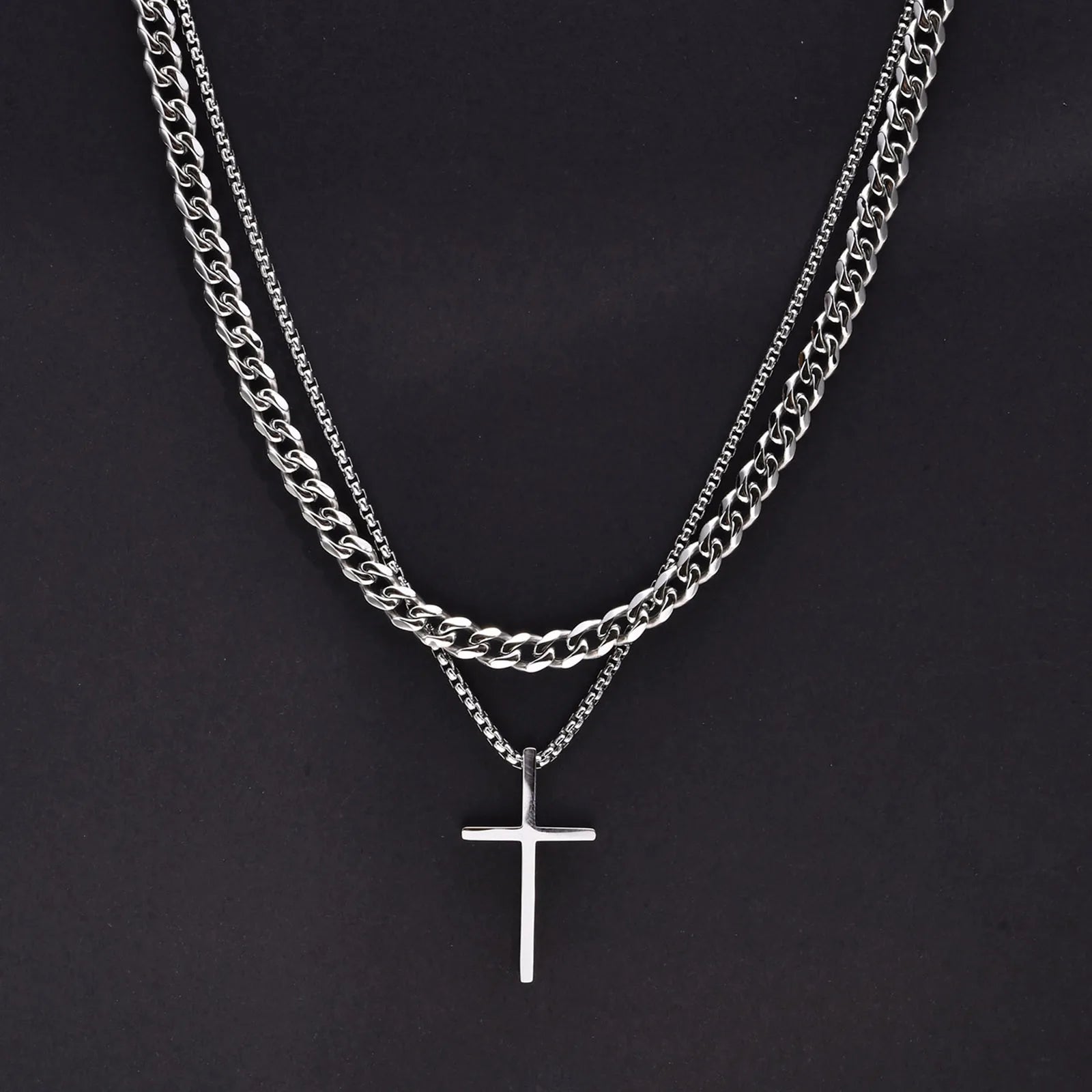 Vnox Mens Cross Necklaces, Stainless Steel Layered Plain Cross Pendant, Rope Box Chain Necklace, Simple Prayer Jesus Collar