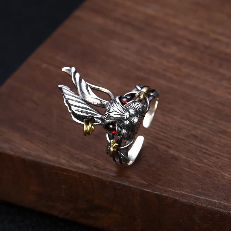 MKENDN Vintage 100% 925 Sterling Silver Big Ear Rabbit Ring With Red Eyes For Men and Women Gothic Street Hip Hop Punk Jewelry