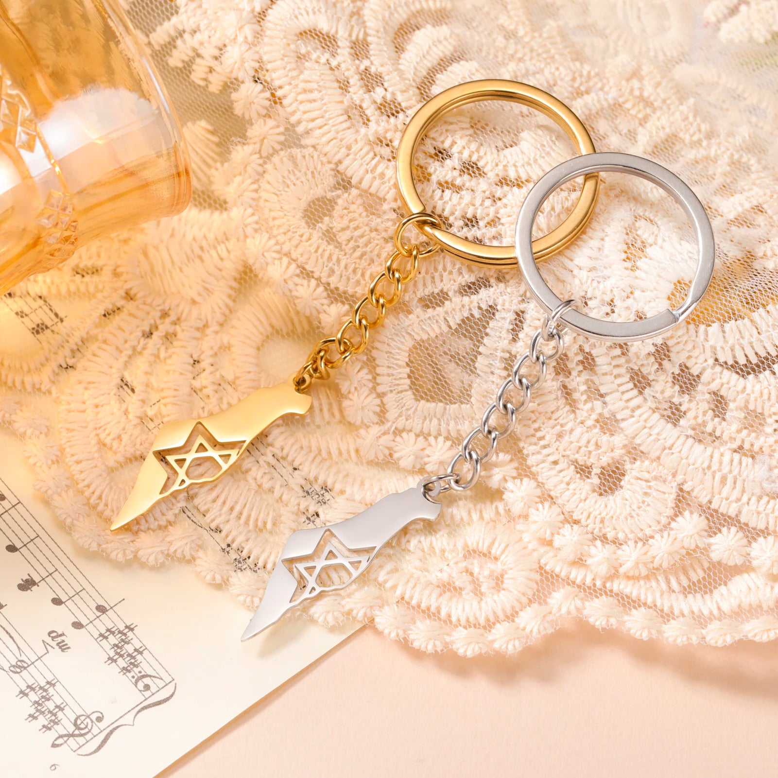 Dreamtimes Israel Map David of Star Keychain for Women Men Hexagram Stainless Steel Religious Key Ring Jewelry Gifts