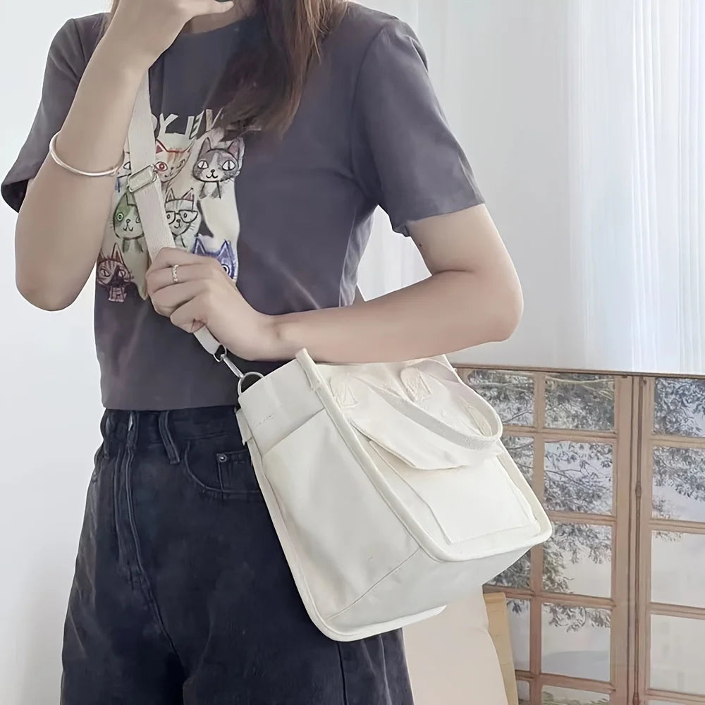 Small Canvas Tote Bag with Pockets Crossbody Bags for Women Cute Shoulder Purse Handbags Lunch Bag for Office Work - Madeinsea©