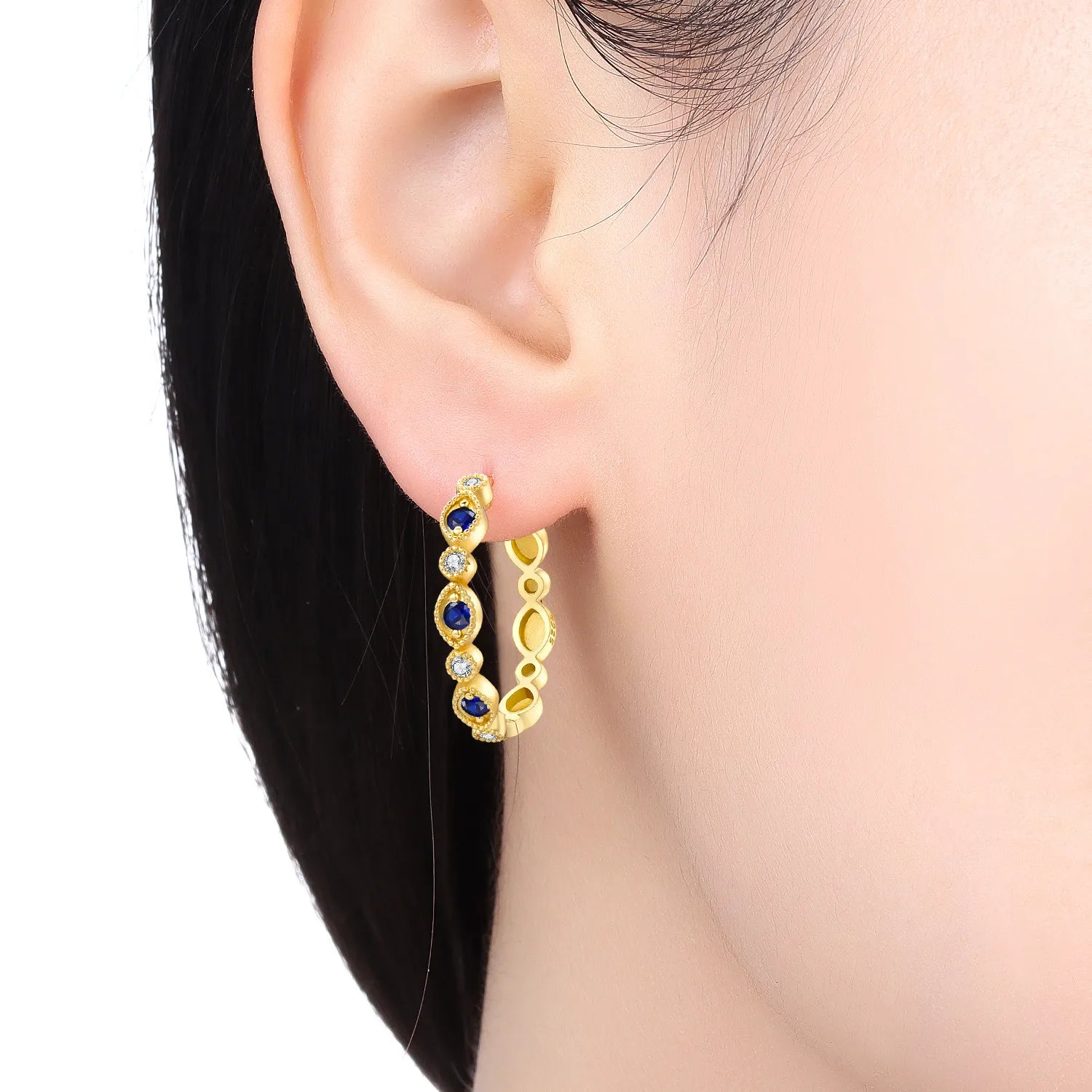 PANPOKI S925 Sterling Silver French Blue Zircon Gold Earrings Hoop Earrings For Women Jewelry Original Party Trendy Gifts