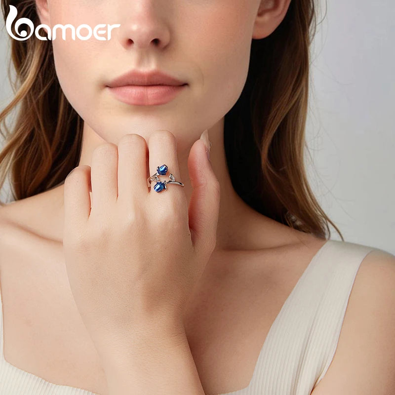 BAMOER 925 Sterling Silber Rosenring mit blauer Emaille, 3D-Blumenring für Damen und Mädchen, Verlobungsgeschenk, Liebesgeschenk, Glücksbringer