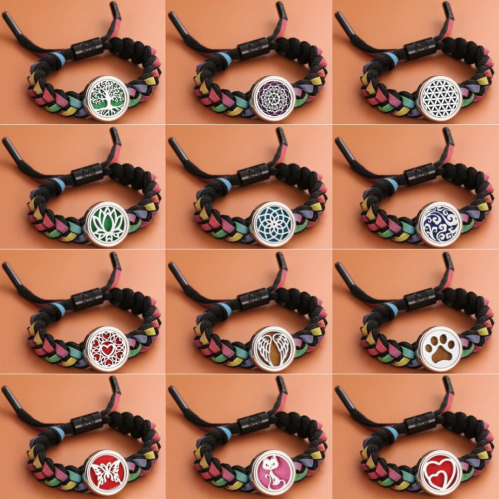 Colorful Braided Leather Aromatherapy Bracelet Bangle Tree of Life Essential Oil Diffuser Perfume Locket Bracelet Aroma Jewelry