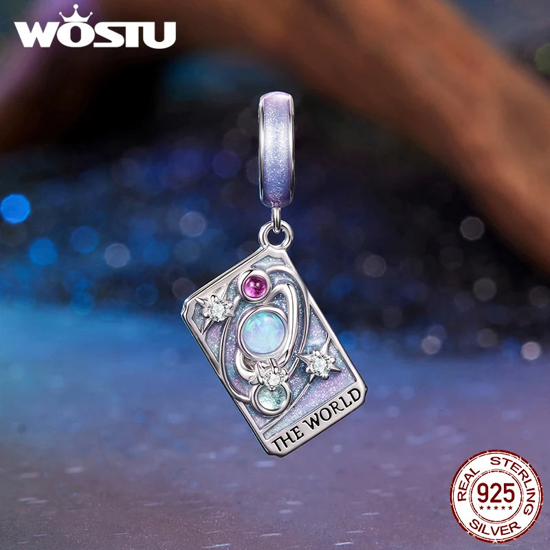 WOSTU 925 Sterling Silver The World Tarot Card Charm Pendant For Women , Original Rainbow Beads DIY Jewelry making