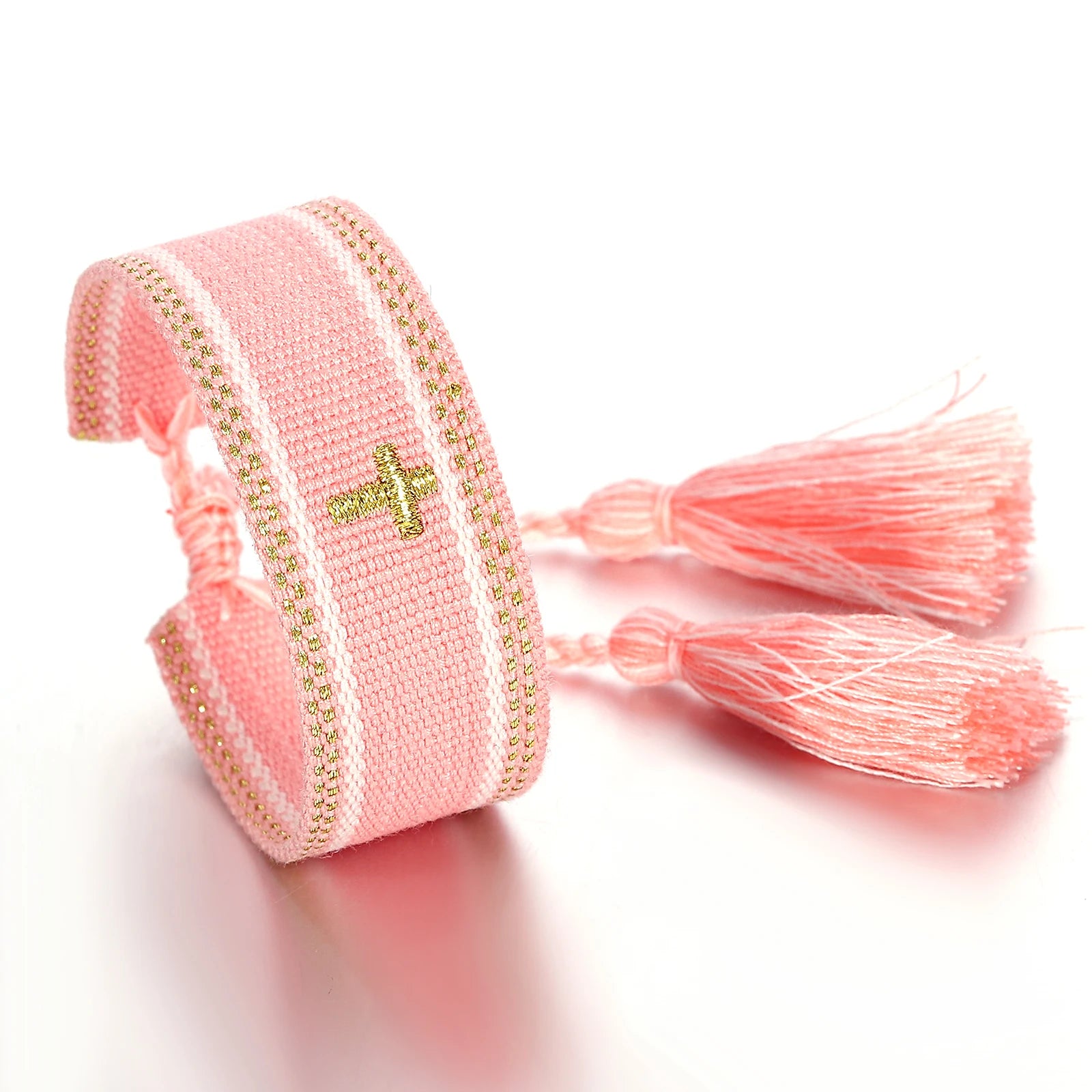 ANESOA Cross Stitch Wrist Strap Bohemia Hand-woven Tassel Bangle For Women Embroidery Personality Cotton Rope Webbing Bracelet