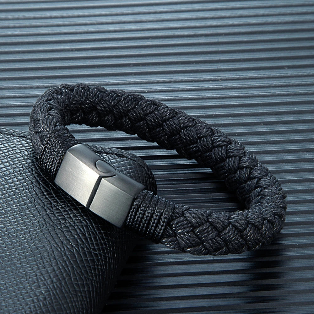 MKENDN Nautical Style Wide Rope Bracelet Fashion Men Stainless Steel Adjustable Shackle Clasp Wrap Bangles Handmade Jewelry Gift - Madeinsea©