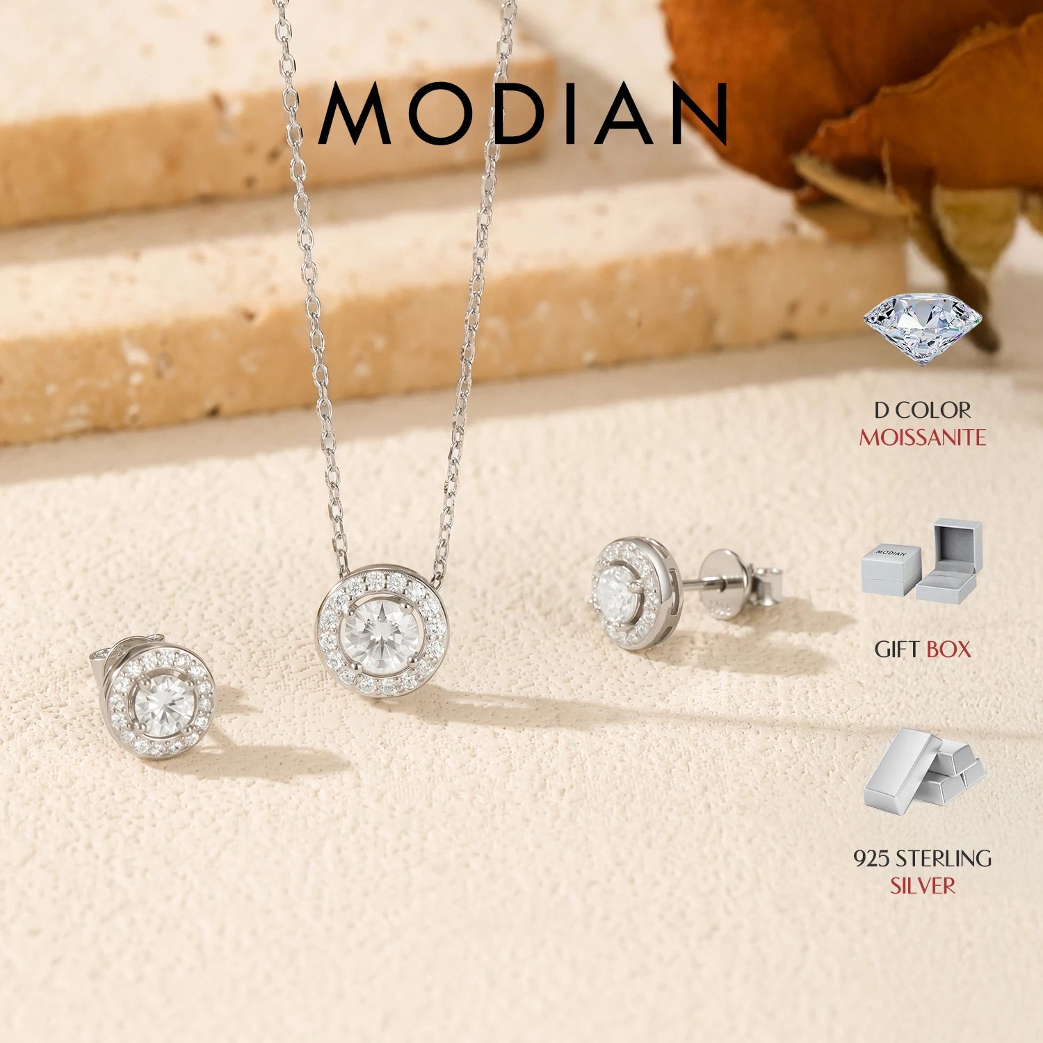 MODIAN Moissanite Sets 925 Sterling Silver Classic Round Halo Earrings Simple Link Chain Necklace For Women Bridal Jewelry Set