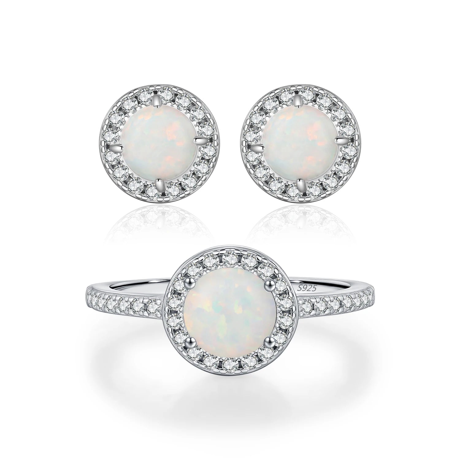MODIAN Hepburn Style Jewelry Sets 925 Sterling Silver Elegant Round Opal Stud Earrings Thin Finger Rings For Women