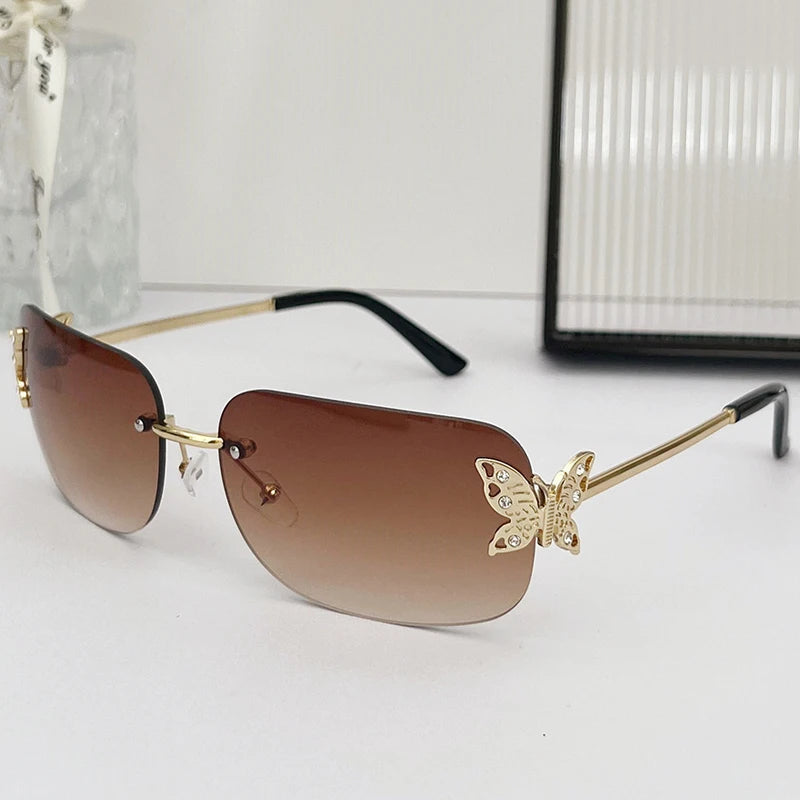 2025 Y2K Luxus Marke Designer Randlose Quadratische Sonnenbrille Frauen Für Weibliche Trendy Sonnenbrille Diamant Schmetterling Punk Shades UV400