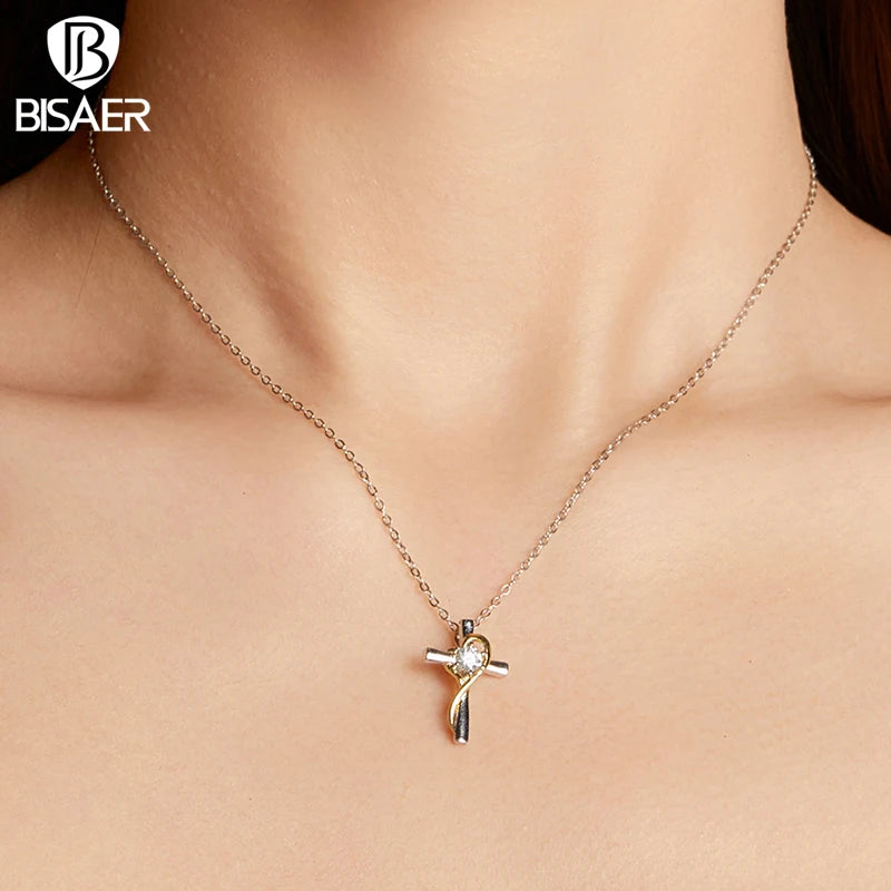 BISAER 925 Sterling Silver Moissanite Cross Necklace VVS1 EX Delicate Lab Diamond Adjustable Chain For Faith Woman Fine Jewelry