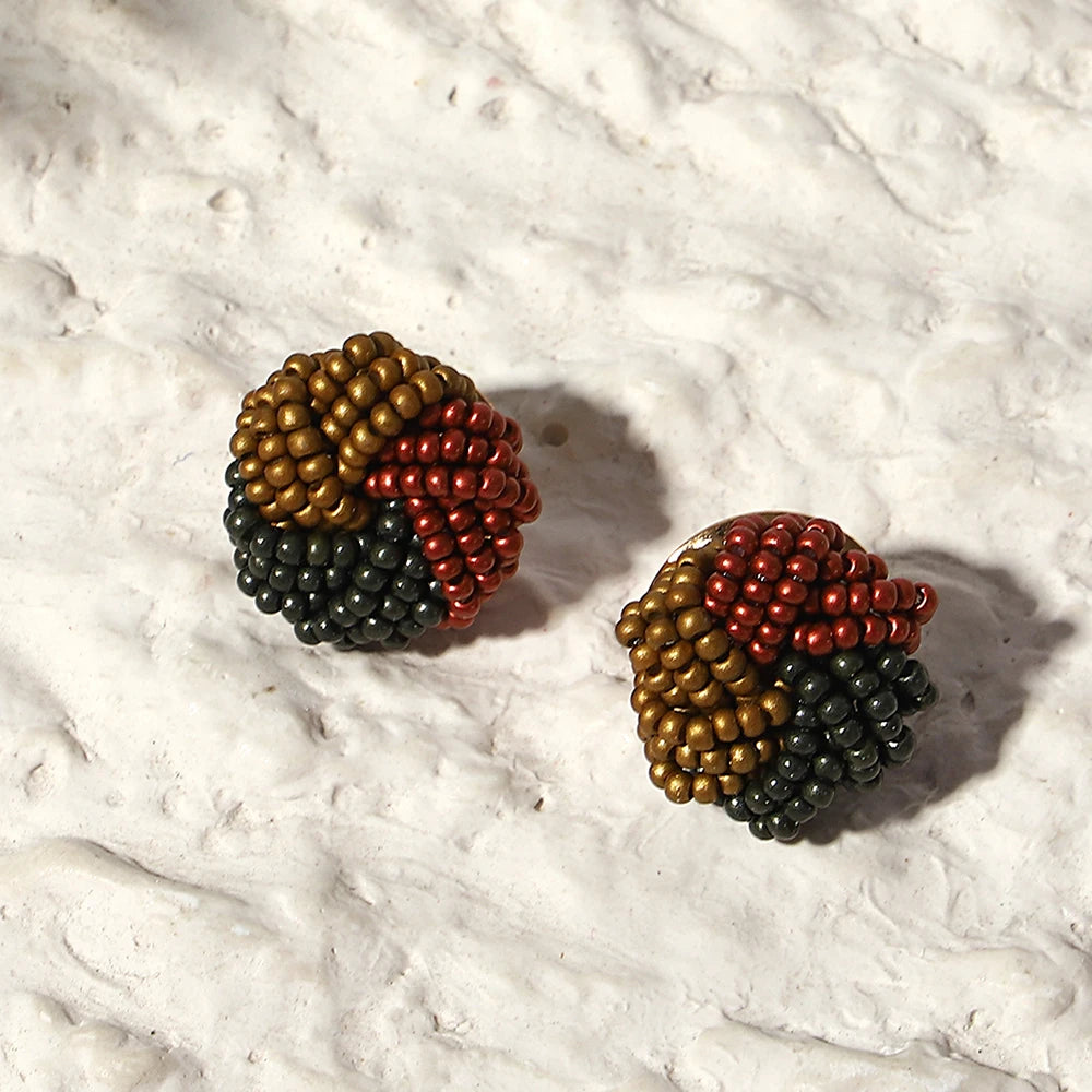 AENSOA Candy Color Seed Beaded Knot Stud Earrings for Women Girls Tricolor Handmade Braided Round Earrings Summer Beach Jewelry