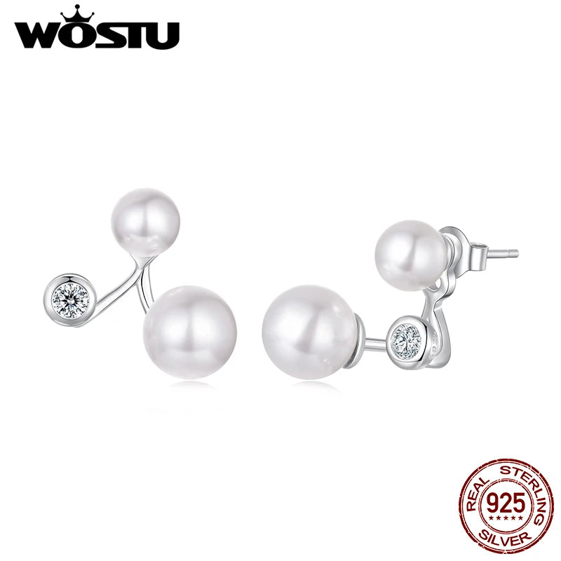 WOSTU 925 Sterling Silver Original Front-Back Pearl Zircon Stud Earrings For Women Daily Wear Fine Jewelry Gift