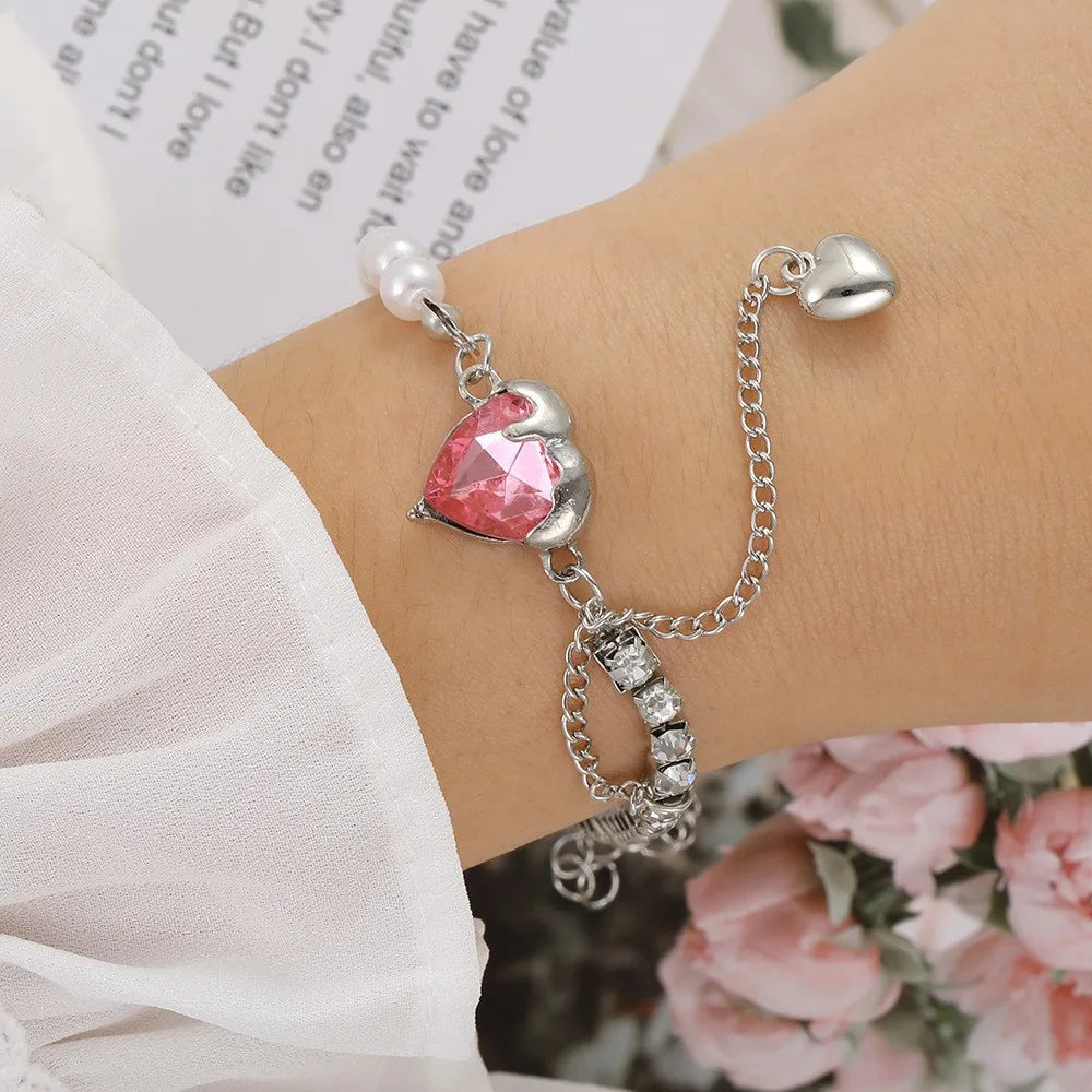 Y2K Zircon Ins Bracelets for Women Korean Fashion Sweet Girls Sparkling Hollow Heart Delicate Chain Bracelet Party Jewelry Gifts