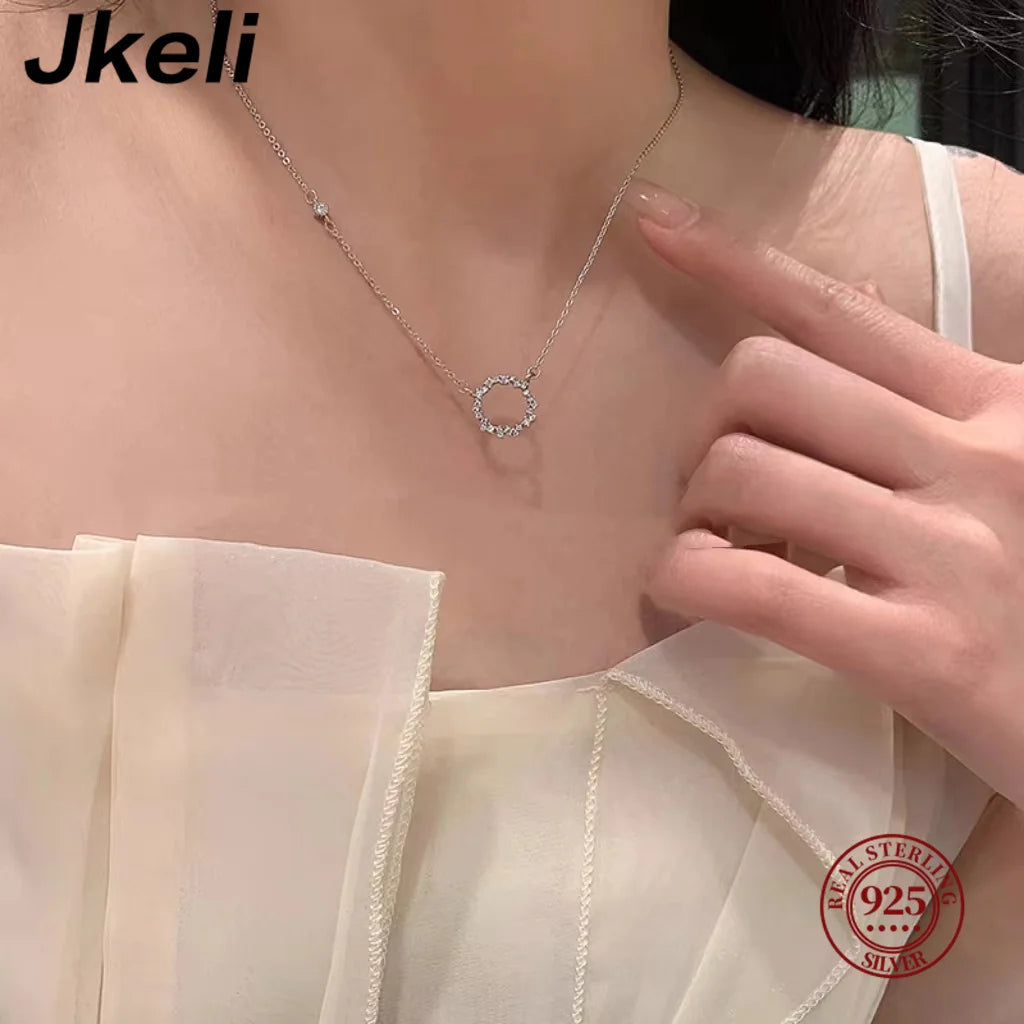 Jkeli - 100 % S925 Sterlingsilber, plattierte 18-karätige Goldhalskette mit Diamantkreis im japanischen und koreanischen K-Gold-Stil