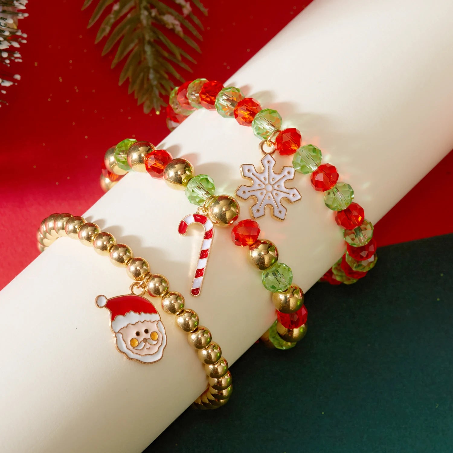Cute Christmas Series Zircon Snowflake Santa Claus Xmas Tree Pendant Bracelets for Women Green Red Crystal Beads Bangle Gifts
