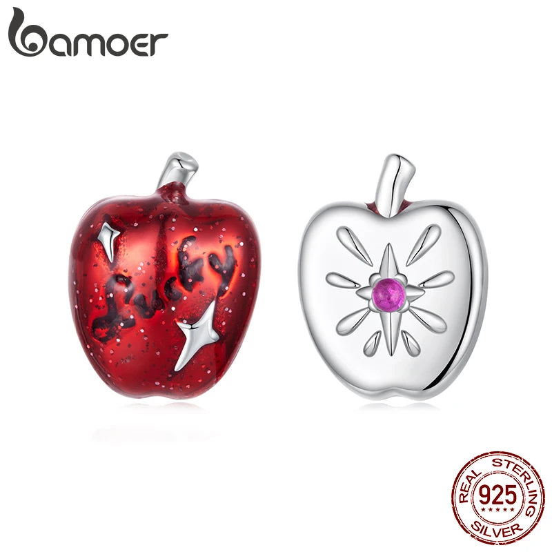 BAMOER 925 Sterling Silver Red Apple Asymmetrical Earrings, CZ Piercing Earrings Cute Fruit Jewelry for Girls Lucky Xmas Gift