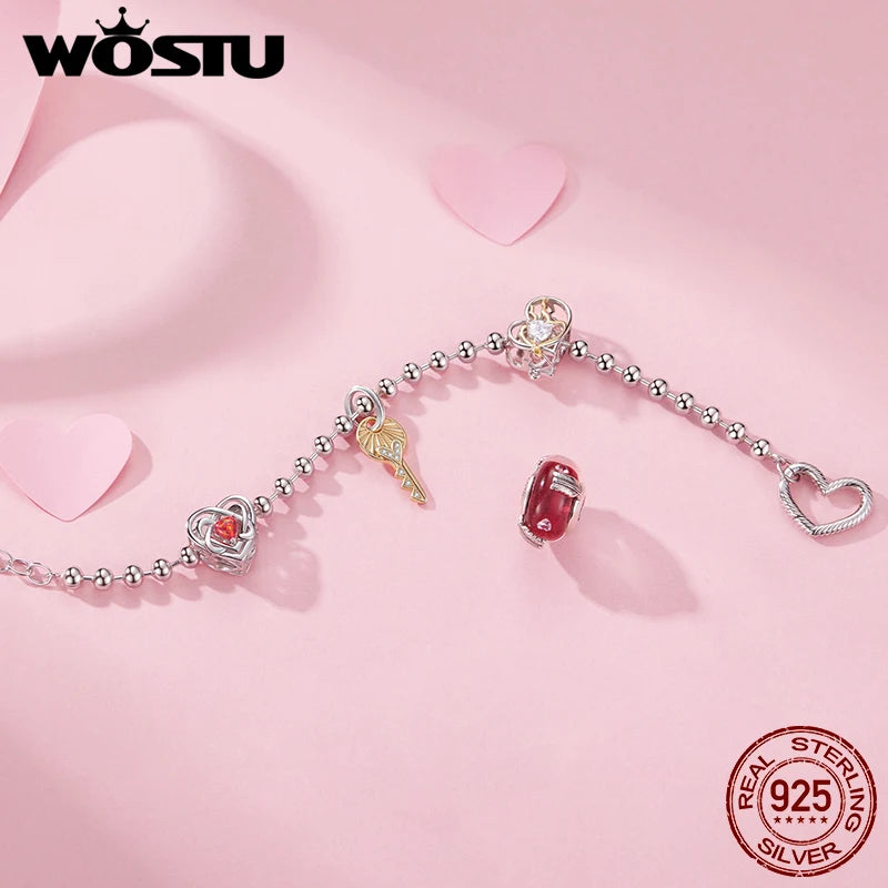 WOSTU Verstellbares Silberperlenarmband mit offenem Herzanhänger, schlichtes Armband aus 925er Sterlingsilber für Charms, Perlen und DIY-Schmuck