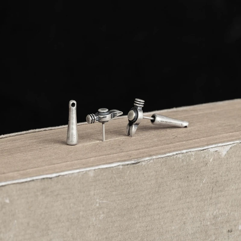 MKENDN 100% 925 Sterling Silver Earrings Men Women Vintage Tool Hammer Stud Earrings Personality Jewelry Halloween Party Gifts