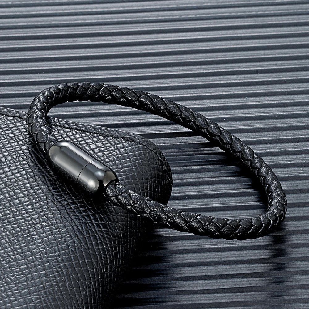 MKENDN Classic Men Leather Bracelet Woven Braided Leather Bracelets For Women Black Stainless Steel Jewelry Charm bangle