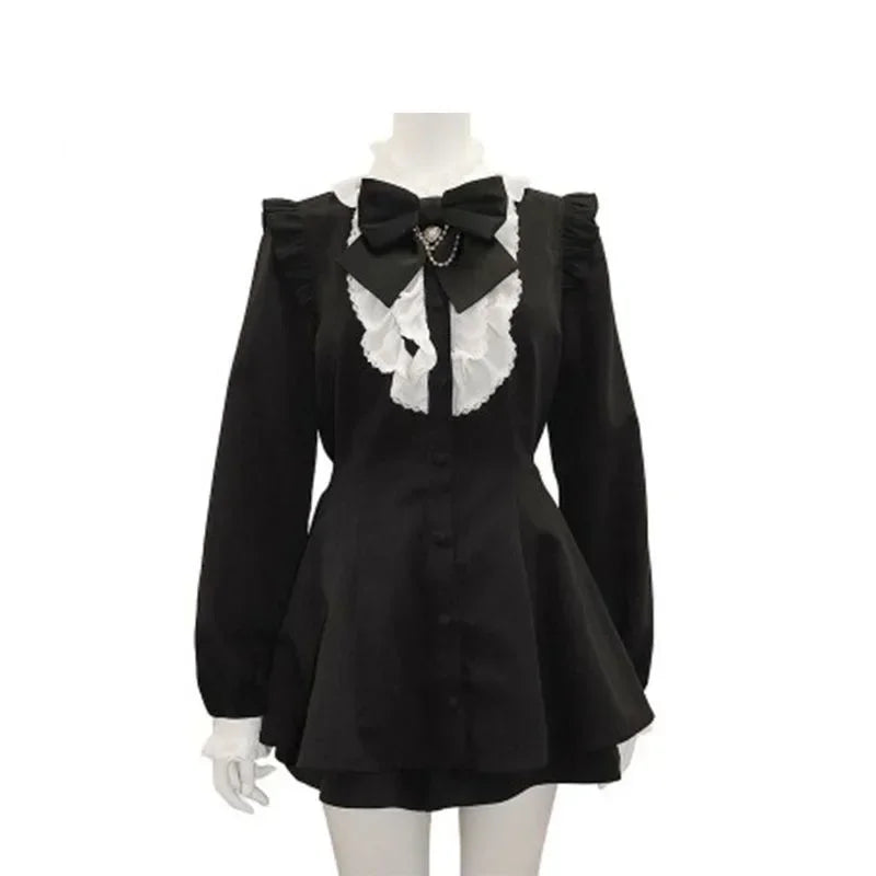 Vintage Lolita Plaid Bow Dress Shorts Set Women Gothic Cross Lace Ruffles Shirt Party Dress 2 Piece Sets Japanese Y2k Outfits