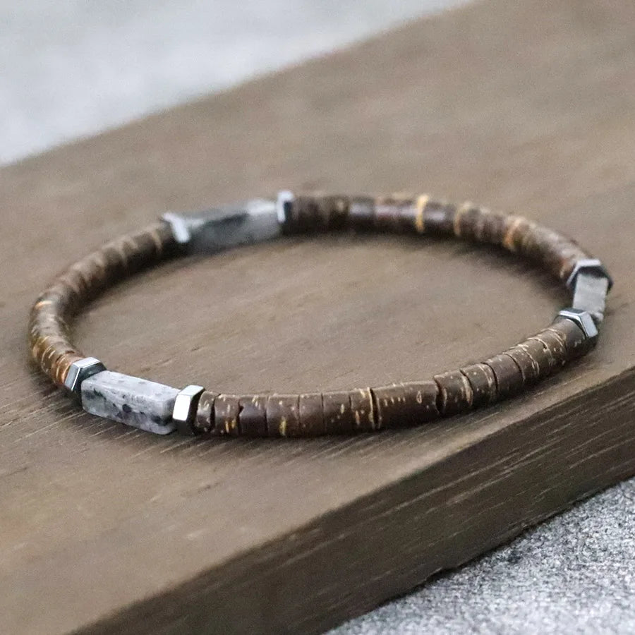 New Natural Coconut Husk Bracelet For Men Premium Tiger Eyes Black Flash Gemstone Stretch Beaded Braclet Yoga Wooden Braslet