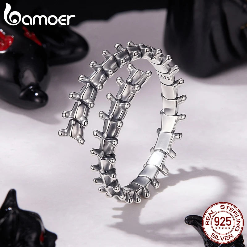 Bamoer 925 Sterling Silver Bold Spine Open Ring Adjustable Vintage Ring for Punk Women Dark Aesthetics Halloween Jewelry Gift