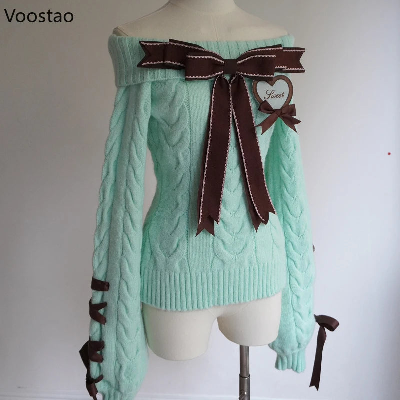 Autumn Winter Sweet Lolita Style Knitted Pullover Women Harajuku Cute Slash Neck Bow Spice Girl Sweaters Femme Y2k Knitwear Tops