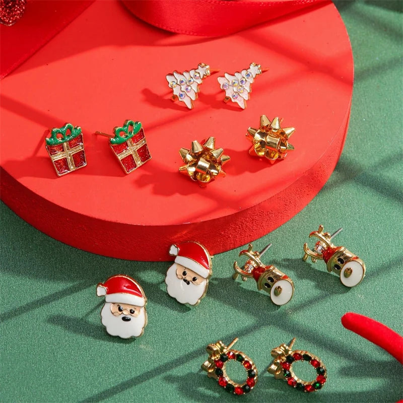 6-12 Pair Christmas Earrings For Women Xmas Tree Elk Snowman Santa Claus Snowflake Stud Earring Set New Year Party Jewelry Gift