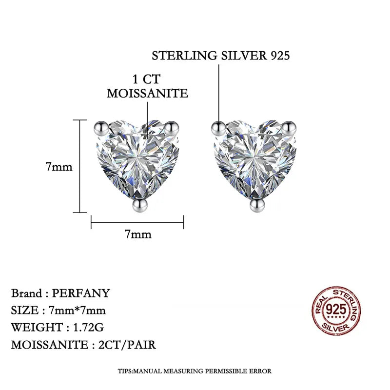 PERFANY 1CT/2CT Moissanite Earrings for Women S925 Pure Silver Heart-Shaped Cutting Laboratory Diamond Earrings Luxury Jewelry