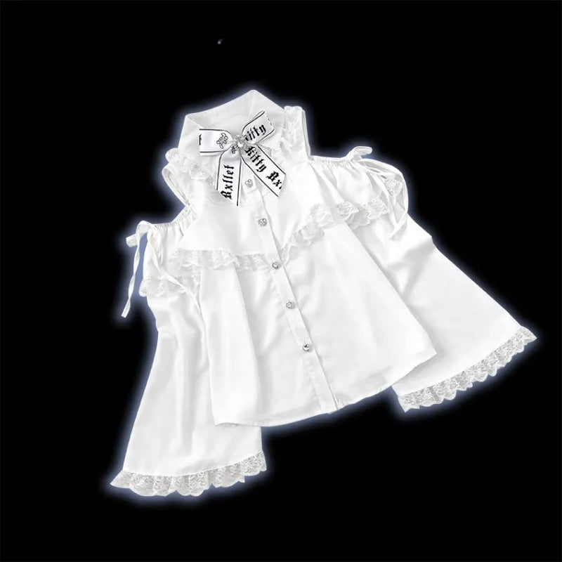 Japanese Gothic Lolita Shirts Women Vintage Kawaii Lace Ruffles Off Shoulder Long Sleeve Blouses Y2k Aesthetic Sweet Tops Blusas