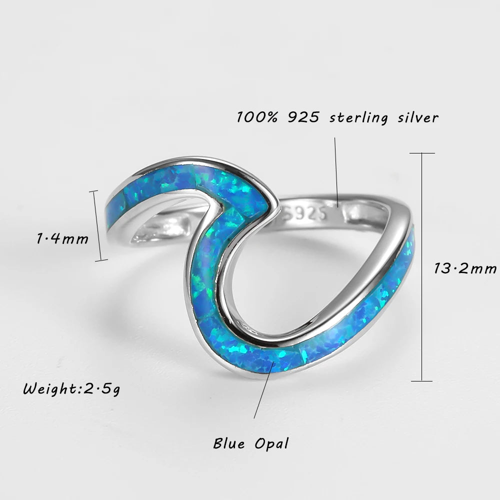 925 Sterling Silver Blue Opal Ocean Wave Ring
