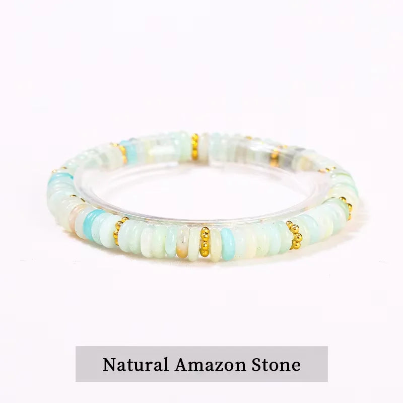 JD Natural Stone Green Aventurine Pink Quartz Flat Spacer Beads Bracelet Women Men Bohe Elastic Bangles Healing Friendship Gift - Madeinsea©