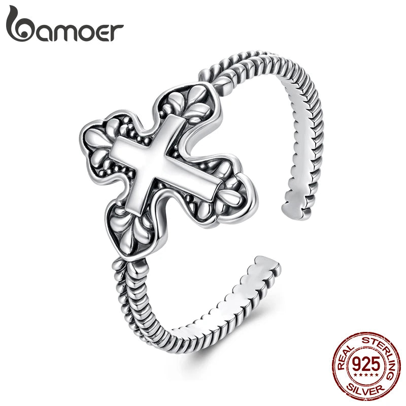 BAMOER Solid 925 Sterling Silver Cross Ring for Women, Dainty Stackable  Adjustable Ring Pray Cross Thumb Ring SCR1127-E