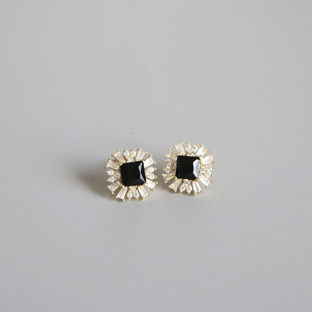 Boucles d'oreilles en argent sterling 925 plaqué or 14 carats et zircon noir pour femme, style vintage français, bijoux polyvalents