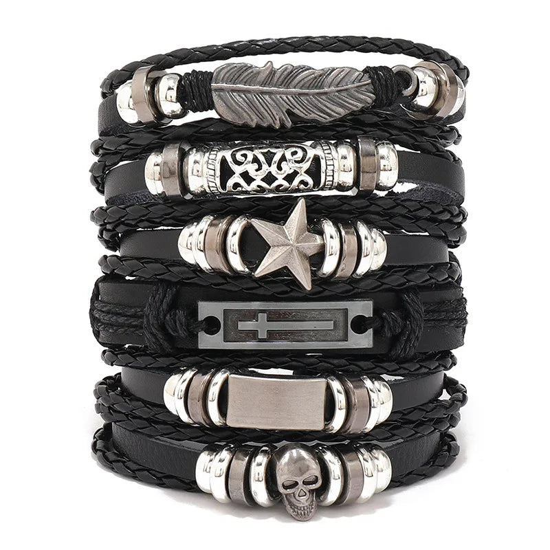 6-piece set Fashion Leather Bracelet Personalized DIY Knitted Leather Bracelet Simple Multi layered Adjustable Cowhide Bracelets