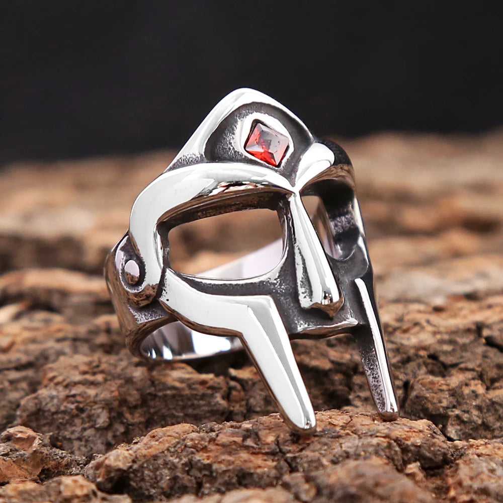 Punk Vintage Stainless Steel MF DOOM Mask Rings With Red Stone Fashion Fingers Jewelry For Men Women Party Amulet Jewelry Gifts