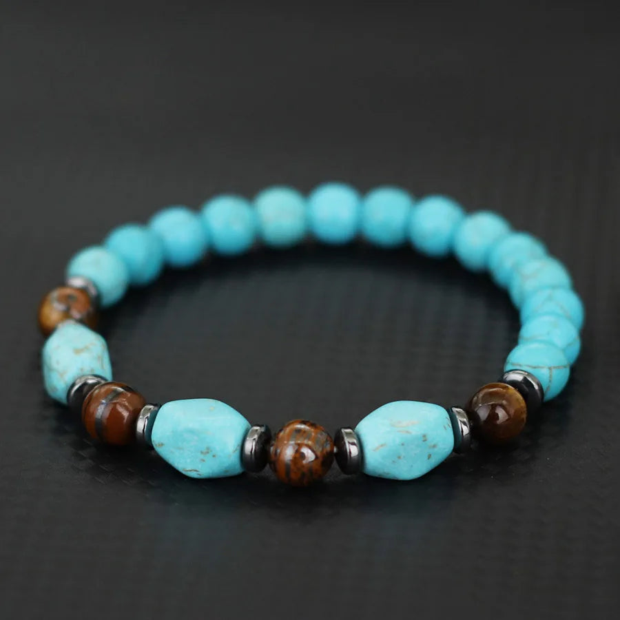Stylish Turquoises Stone Strand Bracelet Men Women Handmade Tiger Eyes Hematite Healing Braslet Volcanic Rock Beaded Braclet