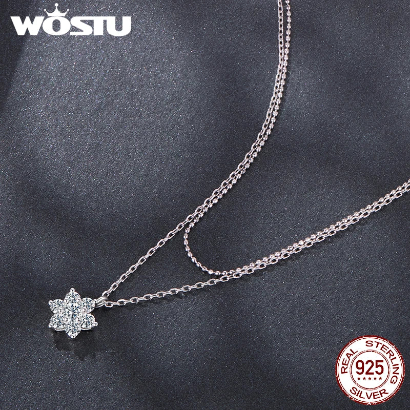 WOSTU Double-layer Moissanite Flower Necklace For Women, D-Color Lab Diamond 925 Sterling Silver Chain Links Valentine's Gift