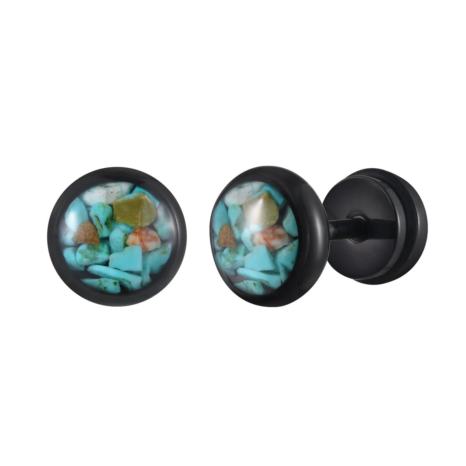 Vnox Irregular Turquoise Stones Stud Earrings for Women Men, Clear Enamel Round Small Earrings,Stainless Steel Ear Jewelry