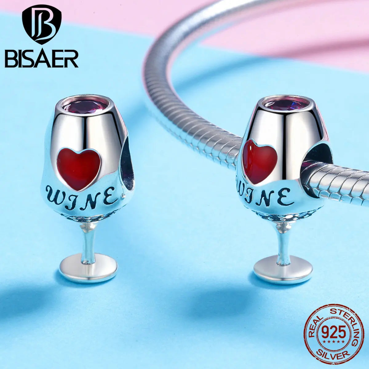 BISAER 925 Sterling Silver Red Wine Glass Rose Charm Bead Cherry Fruit Pendant Fit Girl Bracelet&Necklace DIY Fine Jewelry Gift