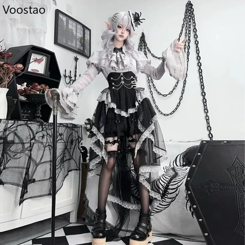 Victorian Vintage Gothic Lolita Dress Set Women Punk Y2k Long Sleeve Shirt Lace Ruffle Black Skirt Halloween Cosplay Party Dress