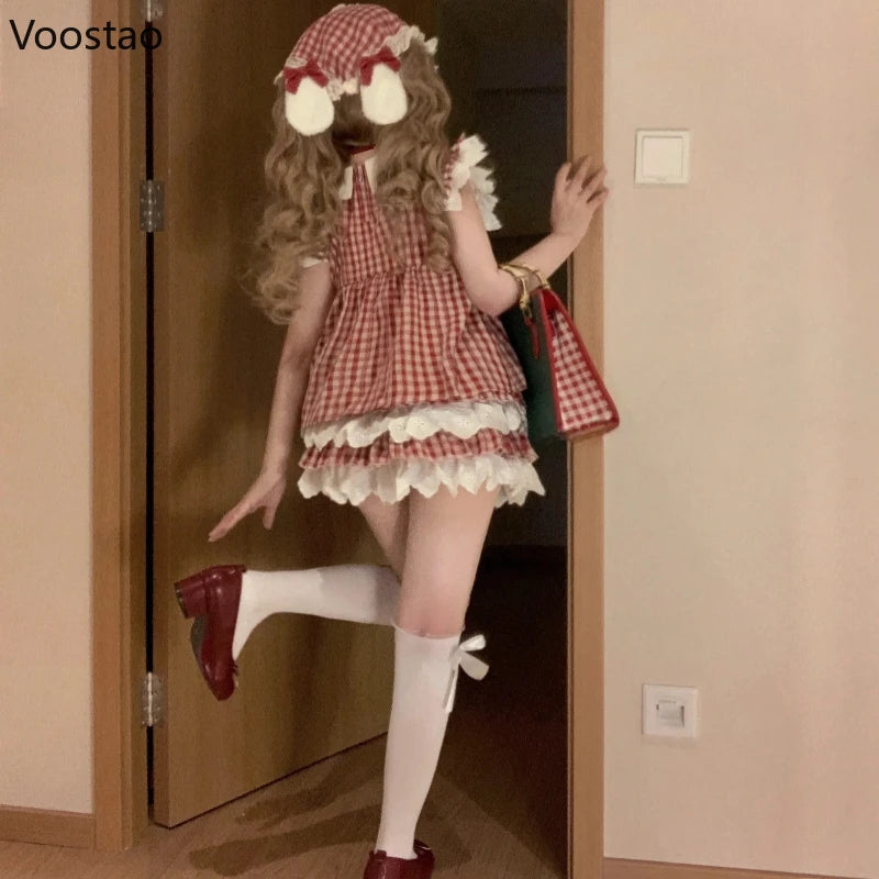 Kawaii Lolita Style Sweet 2 Piece Set Woman Cute Peter Pan Collar Plaid Blouse Tops Y2k Mini Skirts Female Korean Fashion Suit - Madeinsea©