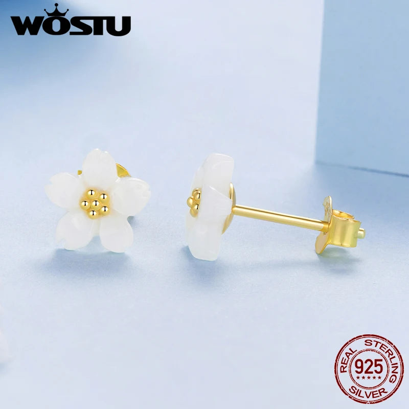 WOSTU Real 925 Sterling Silver Natural Pink Shell Flower Earrings 18K Gold Mini Sakura Flower Studs Party Wedding jewelry Gift