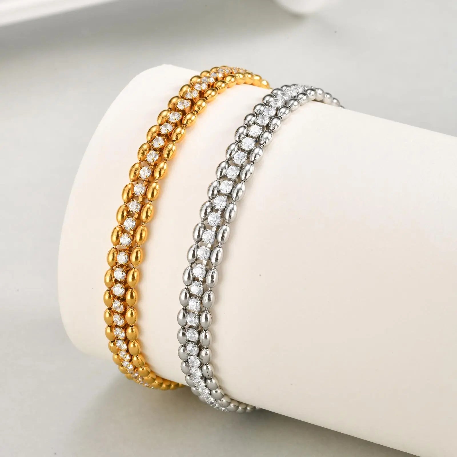 Vnox Women Gold Silver Color Woven Cubic Zirconia Bracelet,Stainless Steel Double Beads Chain Jewelry Accessories Charm Bracelet