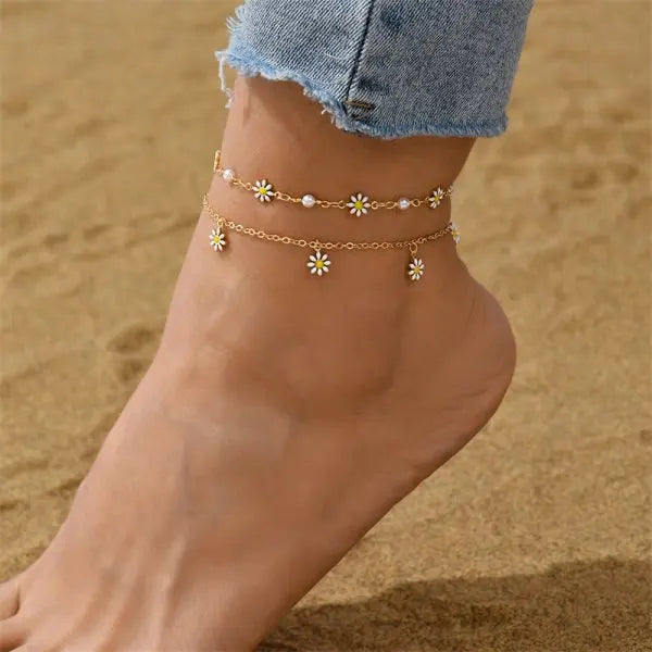 Elegant Daisy Flower Anklets for Women Bohemian Blue Turkish Eyes Elephant Metal Chain Ankle Bracelet Summer Beach Foot Jewelry