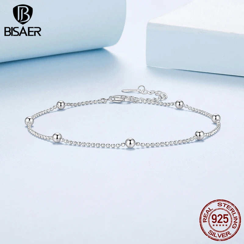 BISAER 925 Sterling Silver Minimalist Beads Anklets Waterproof Chain Plated White Gold For Women Party Fine Jewelry Holiday Gift