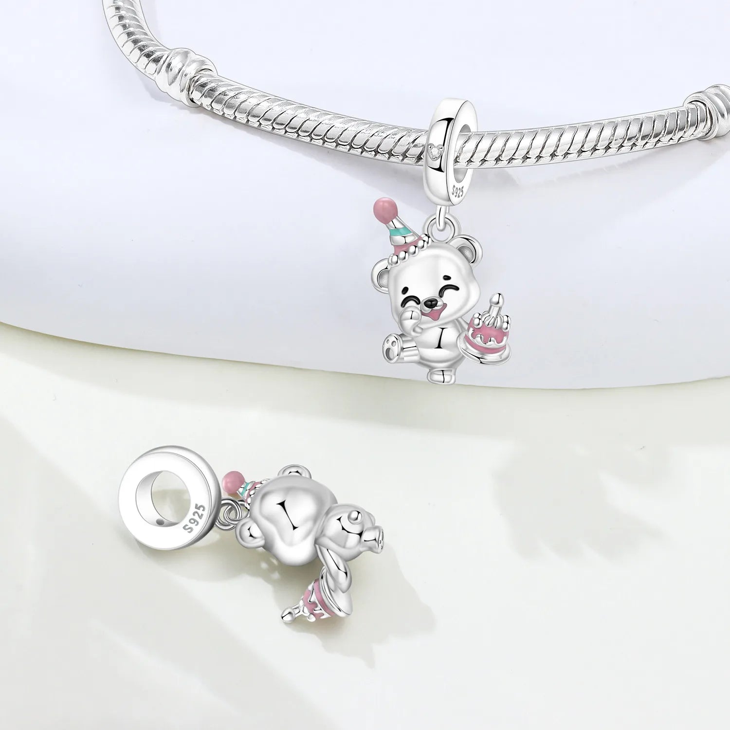 PANPOKI 925 Sterling Silver Cute Cake Birthday Teddy Bear Beads Original Pendants Charm Jewelry DIY Necklace Bracelet Fine Gift