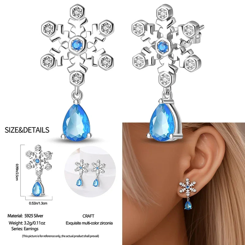 925 Sterling Silver Christmas Blue Snowflakes Tassel Diamond Earrings Red Bow for Women Creative Jewelry Christmas Themed Gifts